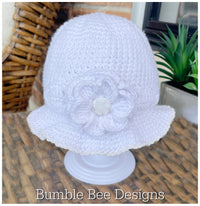 White Baby Sunhat - Cotton Baby Girl Bonnet - Flower Hat - Crochet Summer Brimmed